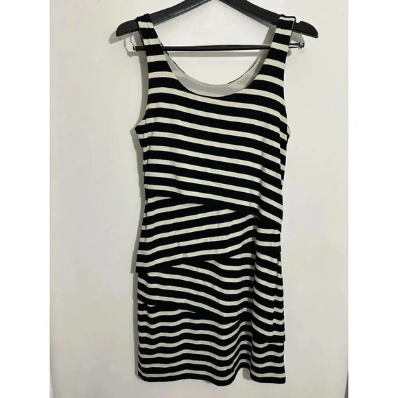 Ann Taylor Loft Black Striped Asymmetrical Tiered Dress Office Casual Size S - Picture 1 of 6